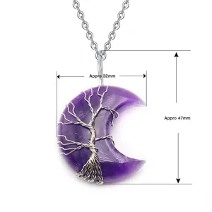 Dettaglio del ciondolo luna albero della vita con pietra ametista e misure di taglia