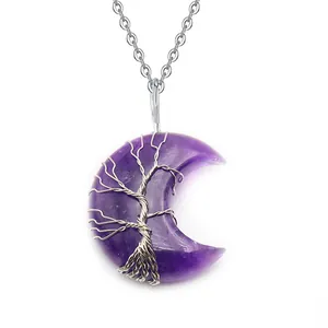 Collana con pendente a luna Albero della Vita in cristallo di ametista viola e filo