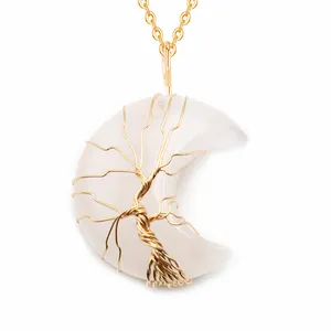 Collana con ciondolo albero della vita a mezzaluna con cristallo e catena dorata