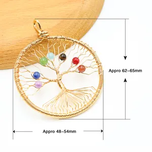 Handmade Tree of Life pendant with seven chakra crystal beads and copper wire wrapping