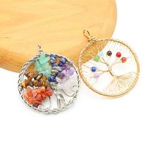 Tree of Life necklace pendants with wire-wrapped natural stones and colorful gemstone beads