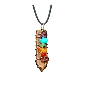 Detail showing 7 chakra healing stones on wire-wrapped tiger eye crystal pendant