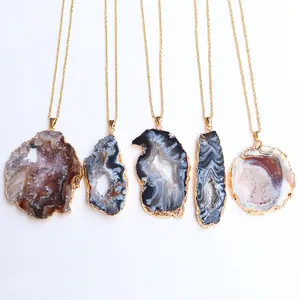 Ciondolo in Agata Naturale Drusa Geode Solo Senza Catena Placcato Oro Pietra Irregolare Charm per Donna Gioielli Fai Da Te