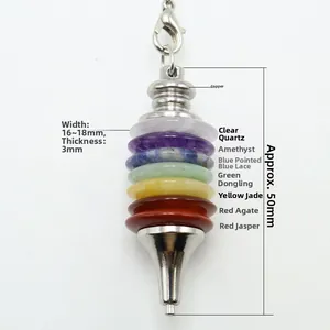 7 Chakra stone dowsing pendulum with copper hardware and metallic chain on white background