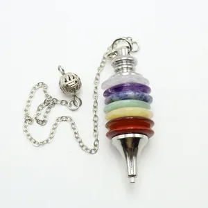 Seven chakra natural crystal stone pendulum pendant with silver chain and metal bead
