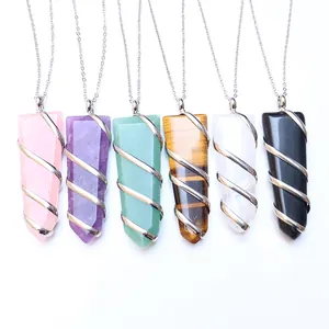 Colgante de Columna Hexagonal de Cristal Natural Collar para Mujeres Hombres Hecho a Mano Envoltura de Alambre en Espiral Piedra Curación Reiki Joyería Espiritual Solo Colgante Sin Cadena