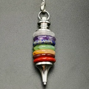 Seven chakra natural stone pendulum necklace pendant with silver metal chain and lobster clasp