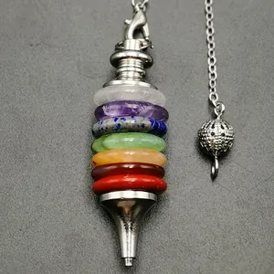 Polished metal cone pendant with seven chakra natural stones on a silver chain