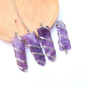 Colgante de amatista hexagonal con collar de alambre de plata diseño árbol de la vida