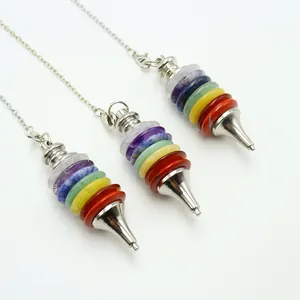 Seven chakra natural stone pendulums with silver metal chains for healing and meditation
