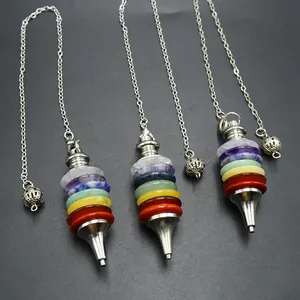 Seven chakra natural stone pendulum necklace with silver chain for meditation