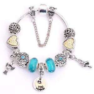 Bracelet à Breloques Vintage DIY Bleu Avec Perles en Verre de Lampe Pendentifs Cœur Or Oiseau Aile d'Ange Chaîne Serpent en Argent Tibétain pour Femme