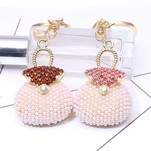 Luxury Handbag Shape Keychain With Faux Artificial Pearl Rhinestone Alloy Bag Charm Pendant For Women Car Key Ring Jewelry Gift