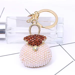 Luxury shell pearl handbag keychain with full diamond alloy and crystal bag pendant charms