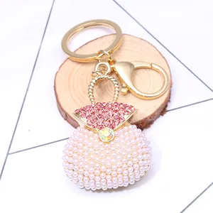 Pink pearl mini handbag keychain with crystals on wood plate for car bag charm