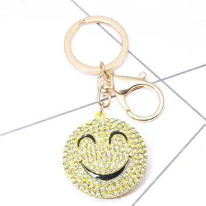 Sparkling yellow rhinestone smiley face keychain with golden lobster clasp for women