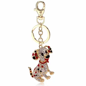 Porte-clés Chien Dalmatien Mignon Strass Alliage Pendentif de Sac Animal Plaqué Or Anneau de Clé Cadeau Décoration Femme