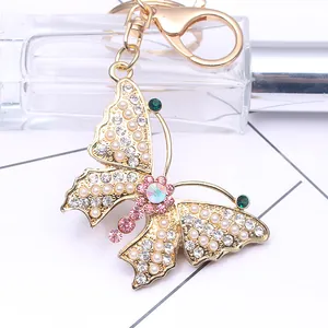 Gold Alloy Butterfly Keychain With Rhinestone Artificial Pearl Embellishments Elegant 3D Butterfly Bag Pendant Key Ring For Women Gift