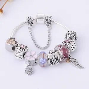 Engelsflügel Charm Armband Kupfer Versilbert 925 Schlangenkette Herz Blumenperlen Emaille Schmuck Damen Mode Geschenk