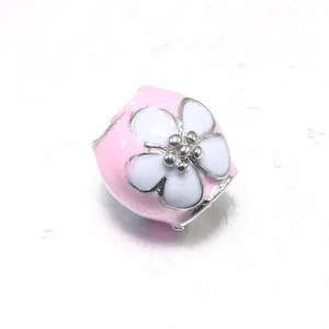 Pink enamel cherry blossom bead with silver flower detail for DIY charm bracelets