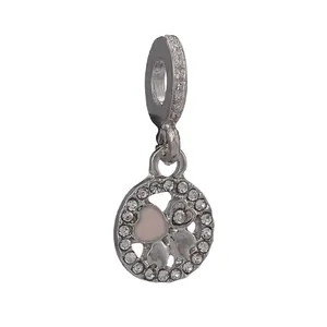 Pendentif trèfle et cœur en argent avec émail rose et cristaux blancs pour bracelets