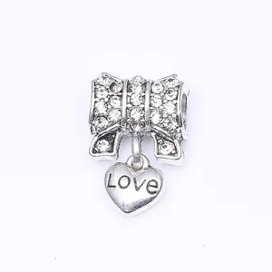 Charm nœud argenté avec strass et pendentif cœur Love pour bracelets personnalisés