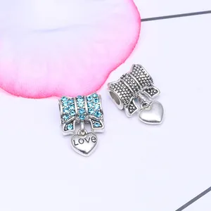 Breloque nœud en argent avec cristaux bleus et pendentif cœur Love pour bracelets