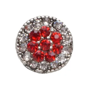 Charme rond en alliage argenté avec strass fleurs rouges et petits cristaux pour bijoux