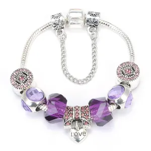 DIY Kralen Charm Armband Voor Vrouwen Verzilverd Hart Love Hanger Paars Kristal Strik Slangenketting Mode Sieraden Cadeau