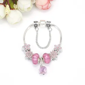 Bracelet de perles de cristal rose avec fleur en strass et pendentif goutte sur chaîne serpent