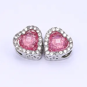 Charm cœur en argent avec opale rose et strass blancs pour bracelet à faire soi-même