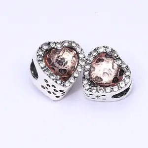 Charme cœur rose en argent S925 serti de zircons brillants pour bracelets de perles DIY