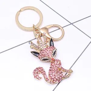 Cute crown fox keychain with pink rhinestones and gold lobster clasp for bags