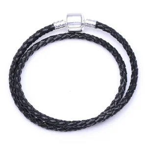 Bracelet double tour en cuir tressé noir avec fermoir barillet plaqué argent poli