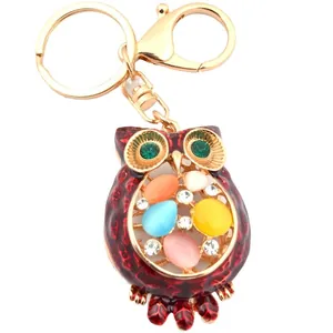 Creative owl keychain with colorful rhinestones and gold-plated ring for women accessories
