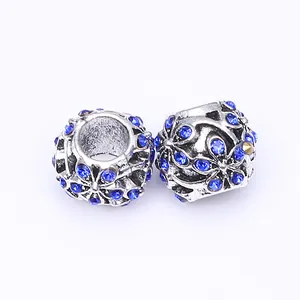 Perles à breloques florales en argent avec cristaux bleus pour bracelets DIY