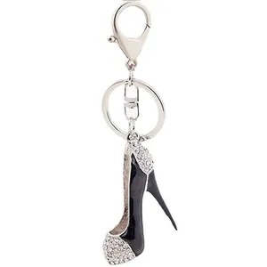 Fashion high heel crystal keychain with black enamel finish and sparkling rhinestones