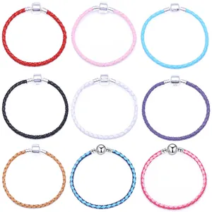 Bracelets en cuir tressé en neuf couleurs avec fermoirs cylindriques argentés pour DIY