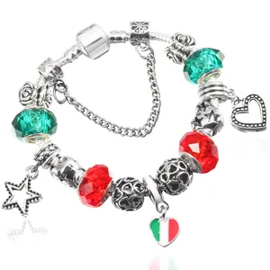 Silver Plated Copper Beaded Charm Bracelet Italy Flag Heart Pendant Star Dangle Snake Chain For Women Fashion Jewelry Gift
