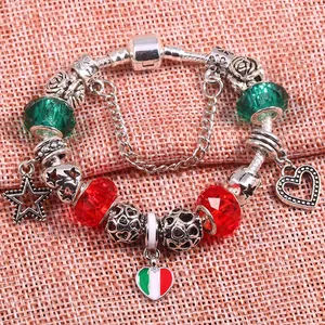 DIY charm bracelet with silver chain, Italian flag heart pendant and colorful beads