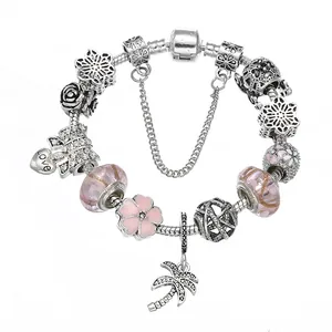 Pulsera de Charms DIY Con Cuentas de Cristal de Murano Rosa Flor de Esmalte Corazón Colgantes de Palmera Cadena de Serpiente Plateada Joyería Mujer