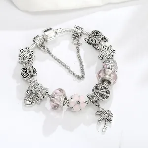 Pulsera de dijes DIY con cuentas de cristal rosa, palmera y colgante de corazón en cadena