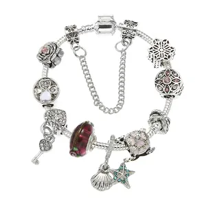 Mode Legierung Versilbert Charm Armband Herz Schlüssel Anhänger Murano Glasperlen Schlangenkette Schmuck Für Damen Geschenk