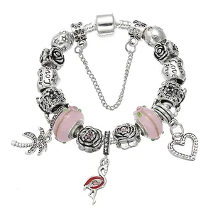 Bracciale a Catena Serpente Fai Da Te Placcato Argento Perline di Vetro Rosa Ciondolo Fenicottero Cuore Gioielli Donna