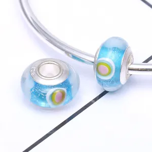 Bunte Regenbogen Lampwork Glasperlen Blau Transluzent Großes Loch Perle Mit Metalleinfassung DIY Schmuck Zubehör Für Armband Damen