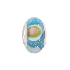 Blaue Glasperle mit buntem Augenmuster und silbernem Metallrand für Armbänder