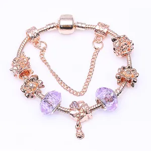 Roségold Charm Armband Lila Kristallperlen Blumen Schlangenkette Modeschmuck Für Damen Eleganter Romantischer Stil