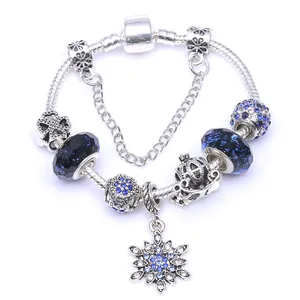 Bracelet Perlé avec Charm Flocon de Neige Bleu pour Femme Chaîne Serpent Plaqué Argent Bijoux Cadeau de Noël