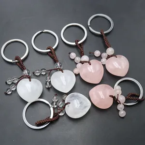 Porte-clés tressés faits main avec cœurs en quartz rose et cristal de roche blanc