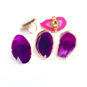 Anillos bohemios ajustables bañados en oro con piedras de ágata natural lila